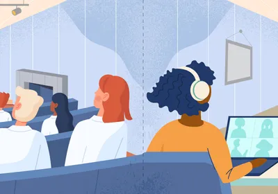 Illustration showing in-person conference on the left, and an at-home virtual conference attendee on right